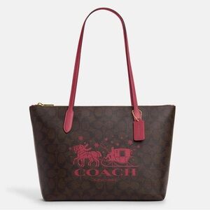 🐎🛷 NWT COACH Zip Top Tote Bag In Signature Canvas With Horse And Sleigh 🐎🛷